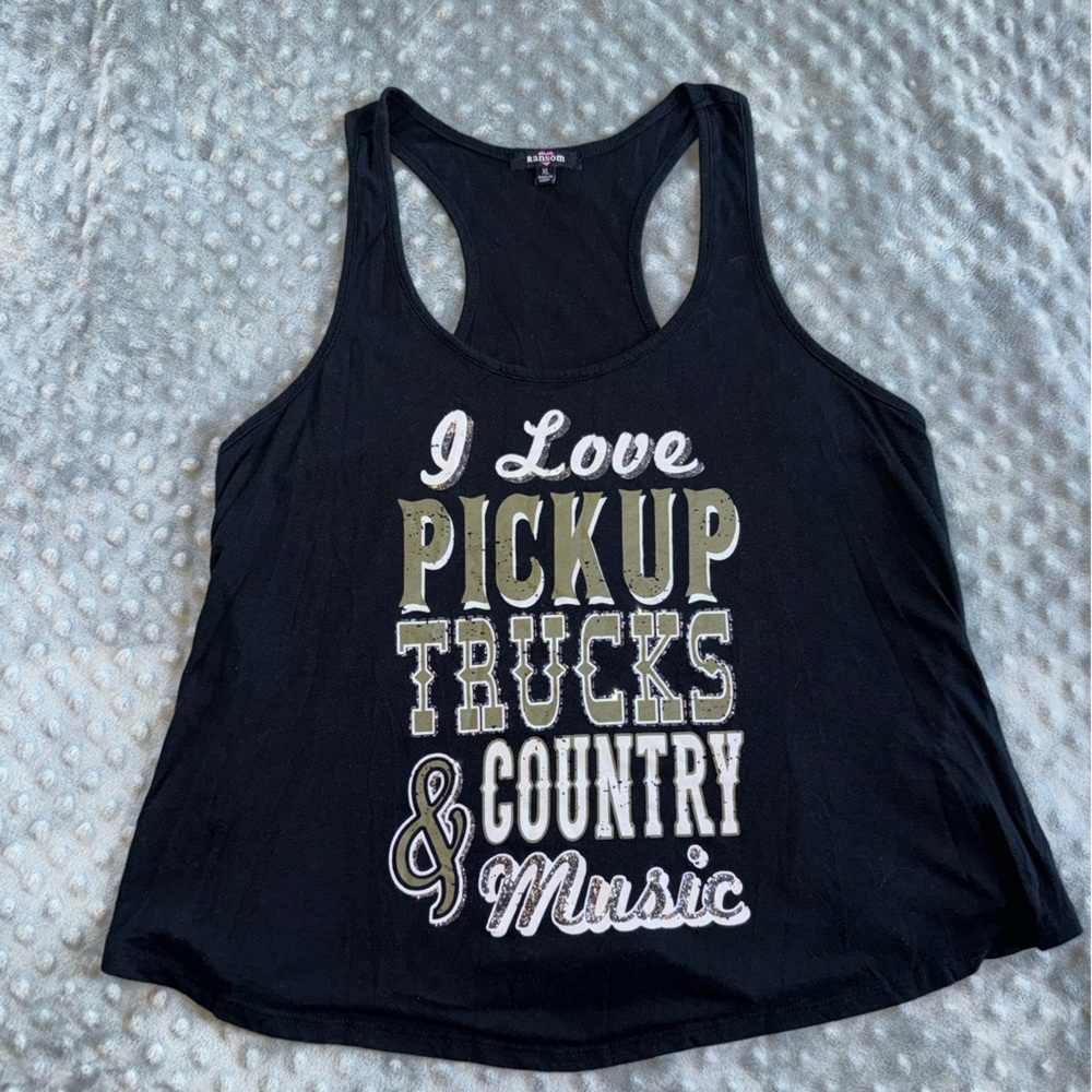 Ransom Black Graphic Tank Top with White and Gold Text